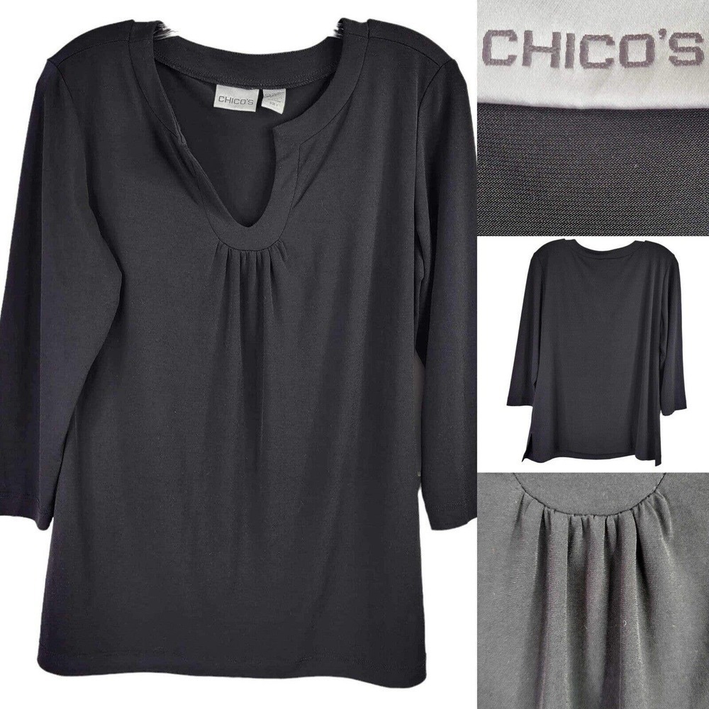 Chicos Travelers Size 1 Tunic Top Shirt Womens Medium Black Stretch Knit Slinky